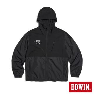 【EDWIN】男裝 撞色防潑水連帽風衣外套(黑色)