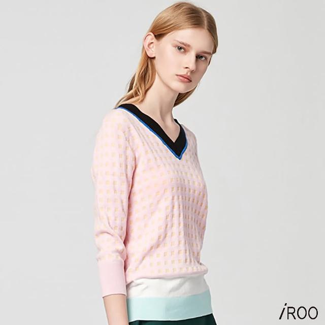【iROO】拼接色塊長袖針織上衣