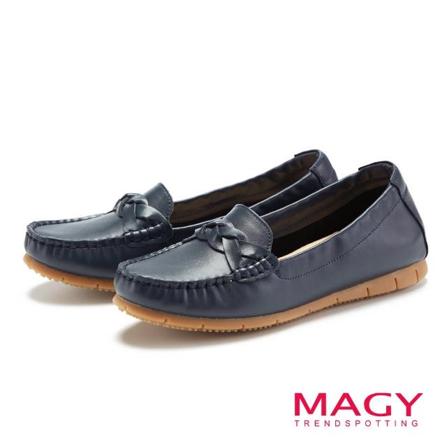 【MAGY】編織縫線真皮平底休閒鞋(藍色)