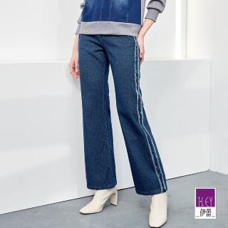 【ILEY 伊蕾】率性抽鬚造型編織紋理棉質牛仔褲(藍色；M-XL；1223068629)