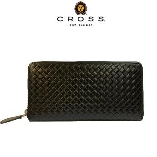 【CROSS】台灣總經銷 限量1折 頂級小牛皮編織紋拉鍊長夾 海倫系列 全新專櫃展示品(黑色 贈禮盒提袋)