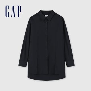 【GAP】女裝 Logo純棉翻領長袖襯衫-黑色(890012)