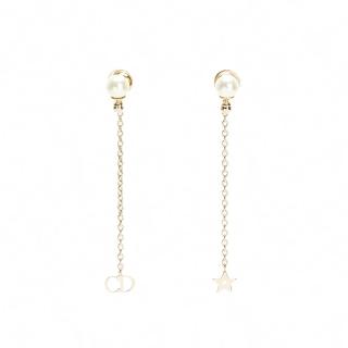 【Dior 迪奧】經典小珍珠耳針串接細鏈垂墜耳環(字母/星星)