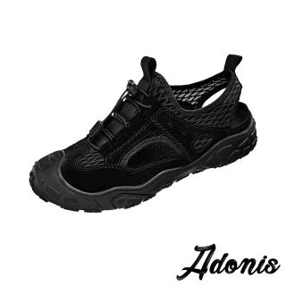 【Adonis】真皮涼鞋 網布涼鞋/真皮透氣網布拼接織帶造型戶外健行休閒涼鞋-男鞋(黑)