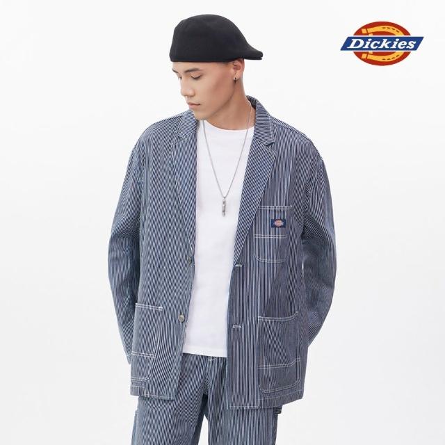 【Dickies】男款深藏青條紋純棉Hickory寬版工裝夾克｜DK011506F53