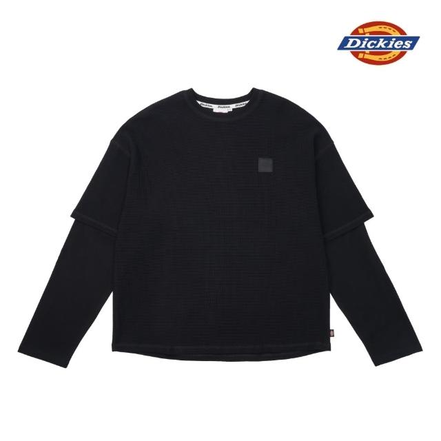 【Dickies】男款黑色華夫格假兩件式設計寬鬆長袖T恤｜DK011517BLK