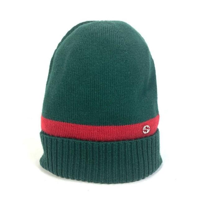 【GUCCI 古馳】494598 經典雙G LOGO綠紅綠織帶羅紋羊毛帽(綠色)