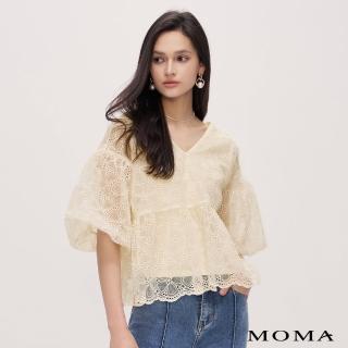 【MOMA】優雅寬版V領蕾絲上衣(杏色)