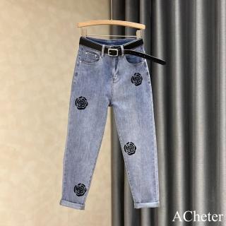【ACheter】淺色刺繡牛仔褲ins新款寬鬆顯瘦高腰哈倫九分小腳垮褲#121156(藍)