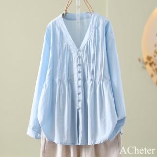 【ACheter】中式風重工壓褶棉麻V領襯衫輕國風寬鬆顯瘦開衫長袖短版上衣#120990(白/藍)