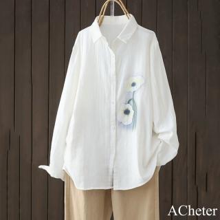 【ACheter】棉麻感大碼文藝寬鬆休閒時尚印花長袖中長版襯衫上衣#121016(白/米白)