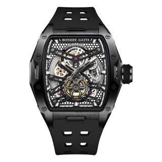 【BONEST GATTI】布加迪 黑色款 鏤空酒桶造型 氟橡膠錶帶 自動上鍊機械錶 45mm(BG5502-A1)
