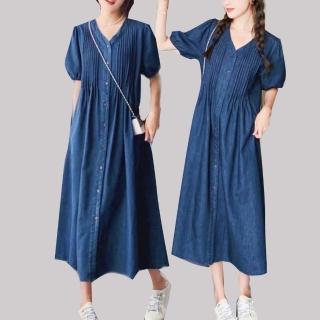 【buyer 白鵝】法式 百摺設計感收腰牛仔洋裝(深藍)