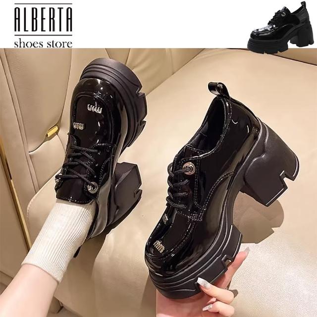 【Alberta】跟高8cm 厚底小皮鞋 繫帶高跟樂福鞋粗跟黑單鞋