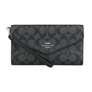 【COACH】COACH Envelope 銀馬車LOGO滿版印花PVC 5卡釦式手拿信封長夾(炭灰x黑)