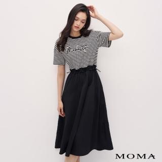 【MOMA】休閒橫條拼接短袖洋裝(黑色)