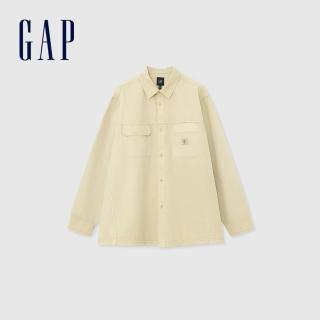【GAP】男裝 純棉翻領長袖襯衫-淺卡其(890972)
