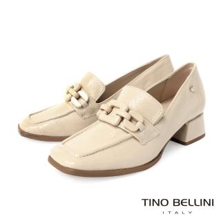 【TINO BELLINI 貝里尼】巴西進口方形飾扣漆皮低跟樂福鞋FYLT038(米白)