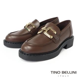 【TINO BELLINI 貝里尼】義大利進口全真皮皮方金扣低跟樂福鞋FYLV032(咖啡)