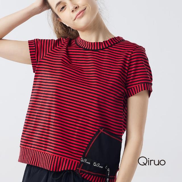 【Qiruo 奇若名品】春夏專櫃紅黑線條上衣2107A 圓領造型口袋款(黑)