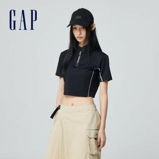 【GAP】女裝 Logo印花立領短袖T恤-黑色(876152)