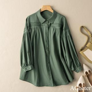 【ACheter】棉長袖襯衫文藝復古寬鬆休閒短版上衣#121244(白/卡其/綠)