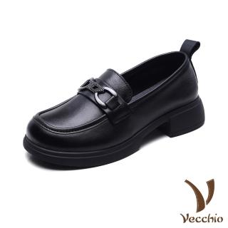 【Vecchio】真皮樂福鞋 粗跟樂福鞋/全真皮頭層牛皮經典馬銜扣飾粗跟便鞋 樂福鞋(黑)