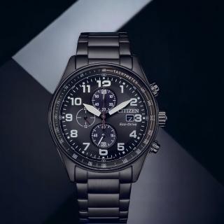 【CITIZEN 星辰】光動能 三眼計時 腕錶 男錶 手錶 黑色 畢業 禮物(CA0775-79E)