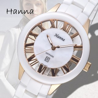 【HANNA】漢娜腕錶 白陶瓷鏤空設計女錶-玫瑰金刻度/6948GM-VX8212-5(保固二年)