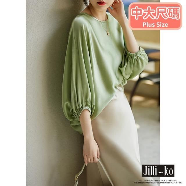 【JILLI-KO】日系絲質感寬鬆垂墜縮口袖上衣-F(深藍/綠)