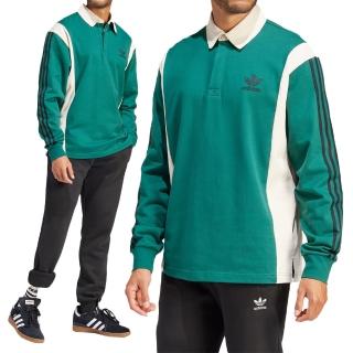 【adidas 愛迪達】Rugby Shirt 男款 綠色 POLO衫 三葉草 經典 復古 休閒 長袖 IU0210