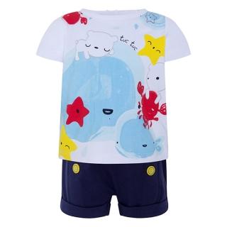 【tuc tuc】男童 白藍鯨魚熊寶寶T恤+深藍黃釦短褲 9M~18M MC4080+MC7080(tuctuc newborn 套裝)