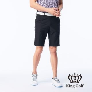 【KING GOLF】實體同步款-男款LOGO線條印花剪裁彈性短褲/高爾夫球褲(黑色)