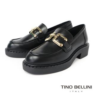 【TINO BELLINI 貝里尼】義大利進口全真皮皮方金扣低跟樂福鞋FYLV032(黑色)