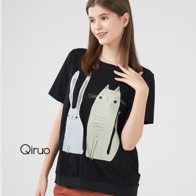 【Qiruo 奇若名品】春夏專櫃黑色短袖上衣2091A 精品貓咪圖案(春夏造型棉T上)