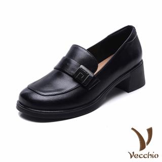 【Vecchio】真皮樂福鞋 方頭樂福鞋/全真皮小羊皮寬楦方頭粗跟便鞋 樂福鞋(黑)