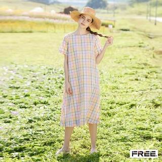 【FREE】棉麻彩格短袖洋裝(粉橙)