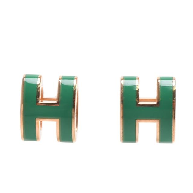 【Hermes 愛馬仕】經典Pop H立體簍空橢圓LOGO耳環(小_綠/金色H608002F-GREEN-OR)