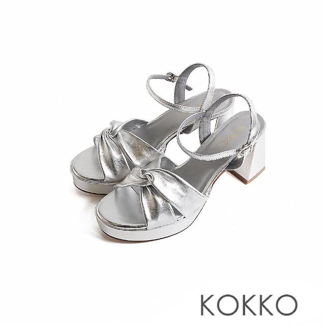 【KOKKO 集團】甜美扭結柔軟綿羊皮粗高跟涼鞋(銀色)
