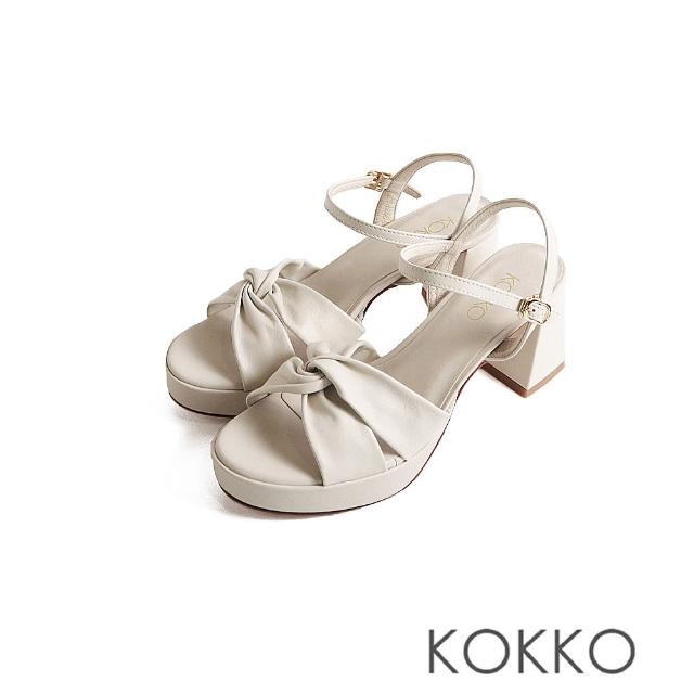 【KOKKO 集團】甜美扭結柔軟綿羊皮粗高跟涼鞋(米白色)