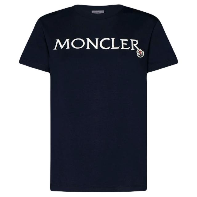 【MONCLER】女款 胸前刺繡英文名&品牌LOGO 短袖T恤-深藍色(S號)