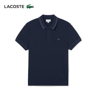 【LACOSTE】男裝-常規版型條紋領彈力網眼布Polo衫(海軍藍)
