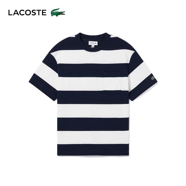 【LACOSTE】男裝-時尚條紋棉質短袖T恤(白/藍條紋)