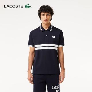 【LACOSTE】男裝-原創L.12.12徽章條紋短袖Polo衫(深藍色)