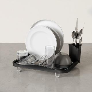 【UMBRA】Sinkin餐具收納筒+碗盤瀝水架 墨黑35.6cm(餐具杯盤墊 隔水墊 流理臺墊)