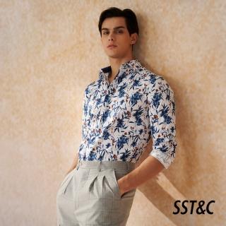 【SST&C 新品８５折】彈性合身 藍色大花朵印花標準版襯衫0312402017