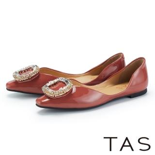 【TAS】側V牛漆皮水鑽方釦尖頭平底鞋(橘紅)