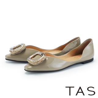 【TAS】側V牛漆皮水鑽方釦尖頭平底鞋(可可灰)