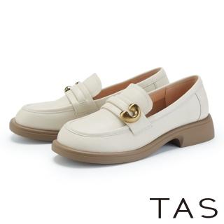 【TAS】真皮C型飾釦紳士厚底樂福鞋(米色)