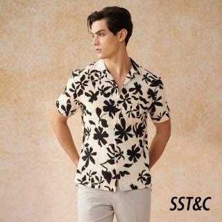 【SST&C 新品上市】黑色大印花縐紗古巴領寬鬆版短袖襯衫0412402015